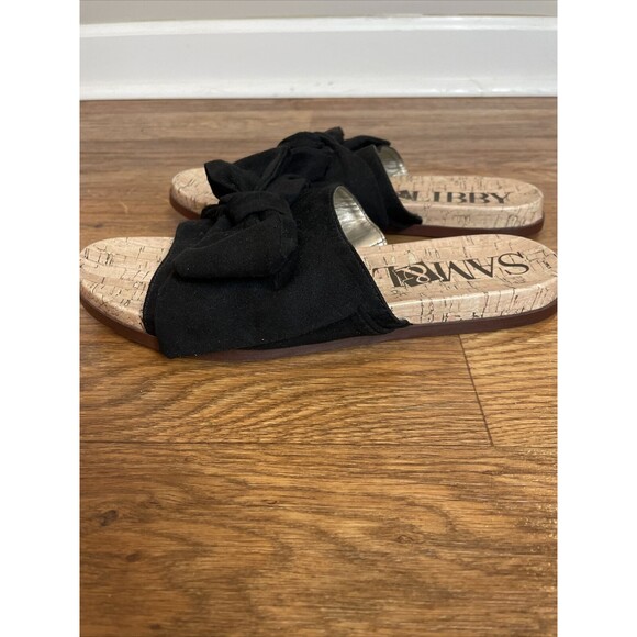 Sam & Libby Black Velvet Bow Cork Slide Sandals - Picture 3 of 7